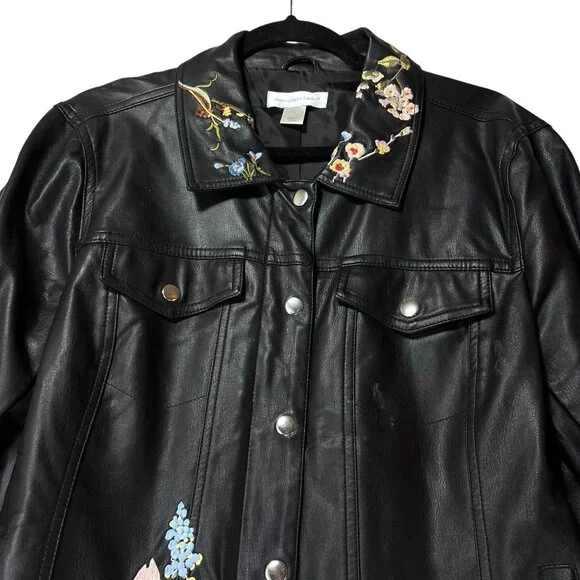 Christopher & Banks Black Faux Leather Jacket Floral Embroidery Snap Zip Large - Picture 5 of 16